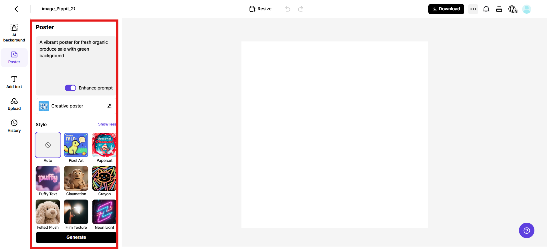 Enter prompt and generate with AI