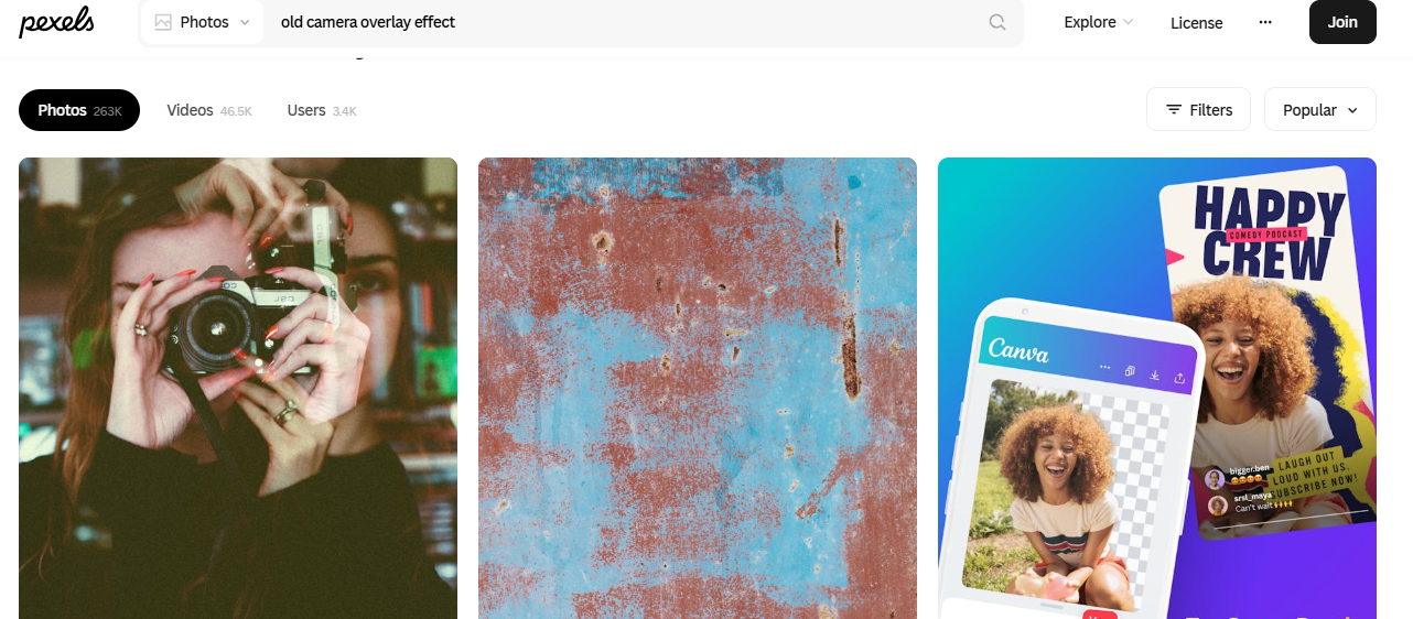Interface de Pexels - une ressource fiable pour les superpositions gratuites d'appareils photo vintage