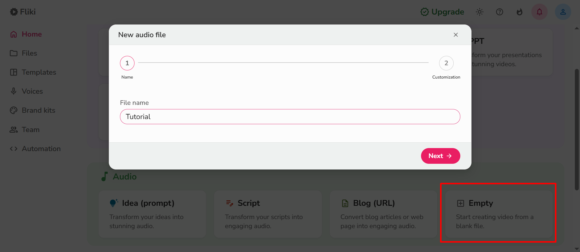 Creating an audio file in the Fliki AI text-to-speech tool