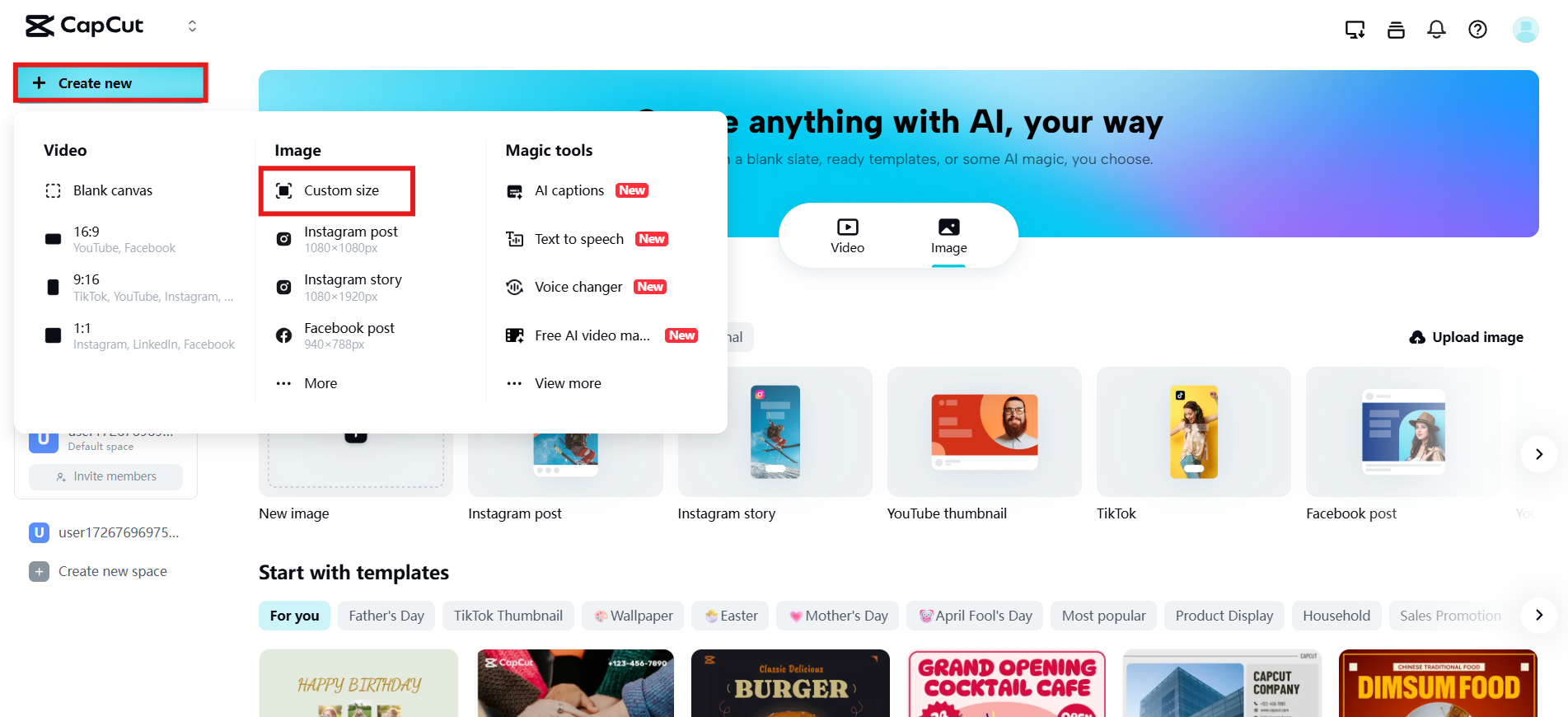 Start a new project and select dimensions