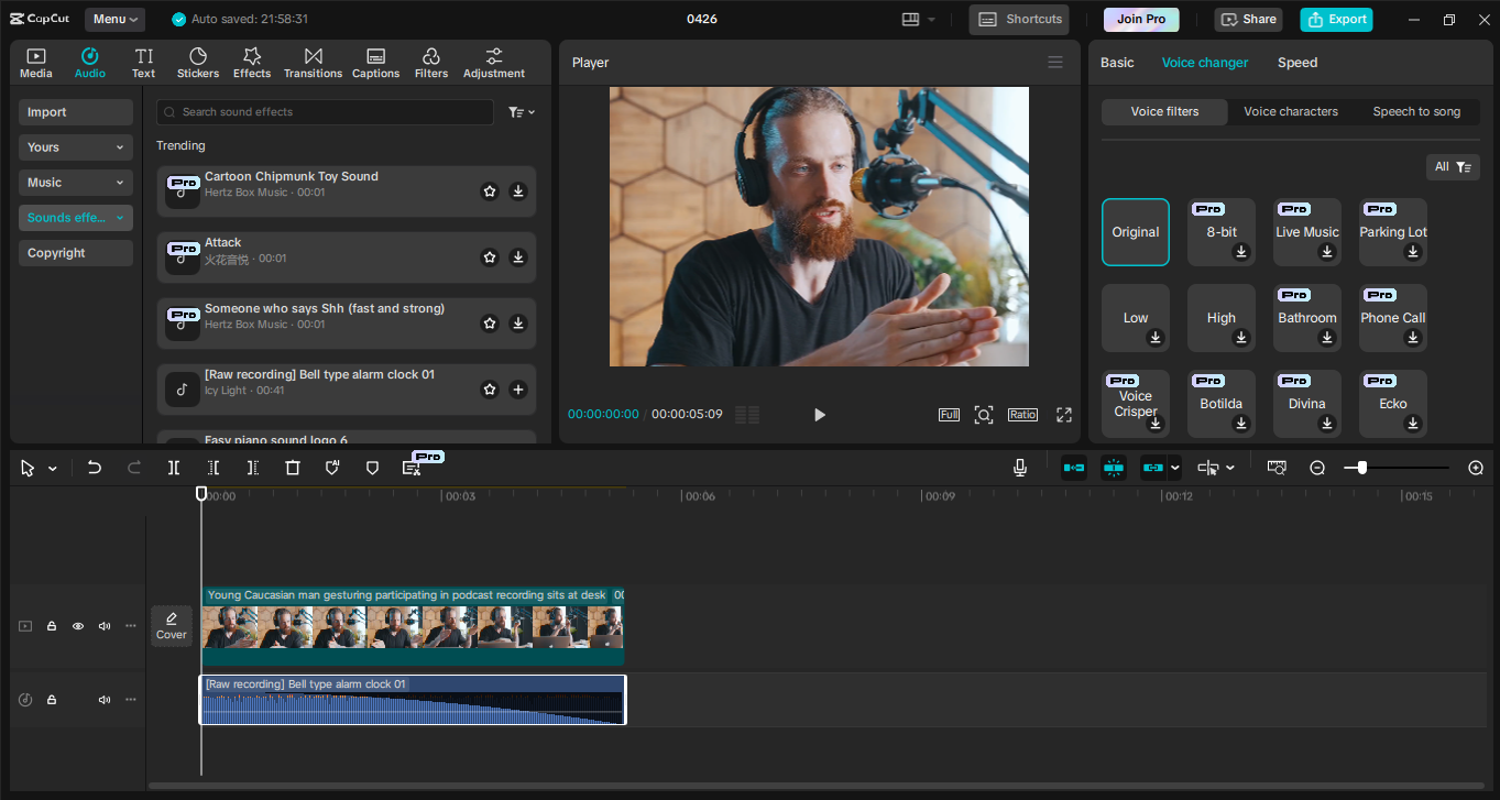 Editing interface of the CapCut desktop video editor - the best tool to add sound effects to videos