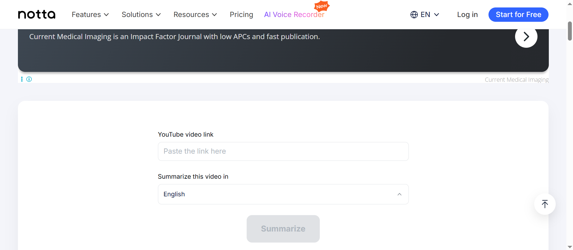 Interface of Notta - a reliable YouTube video summarizer for different projects