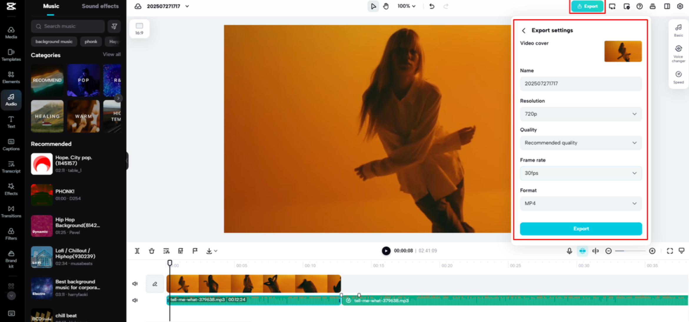 Exportando el audio combinado desde CapCut Web