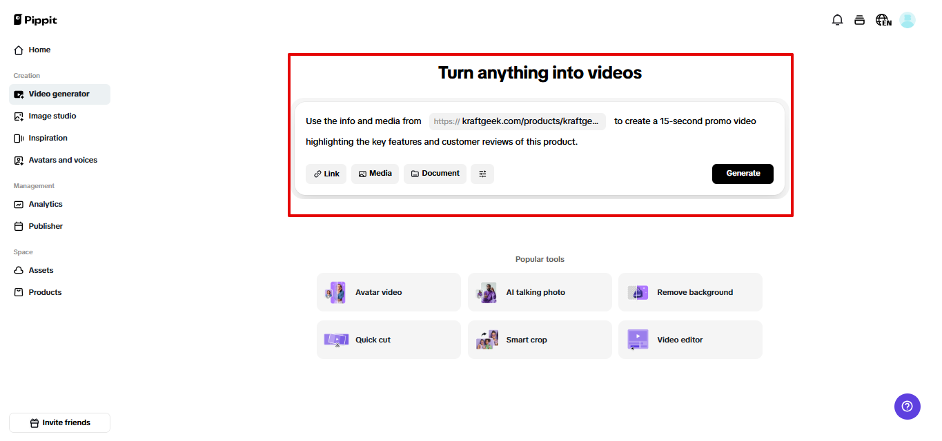 Accessing video generator in Pippit