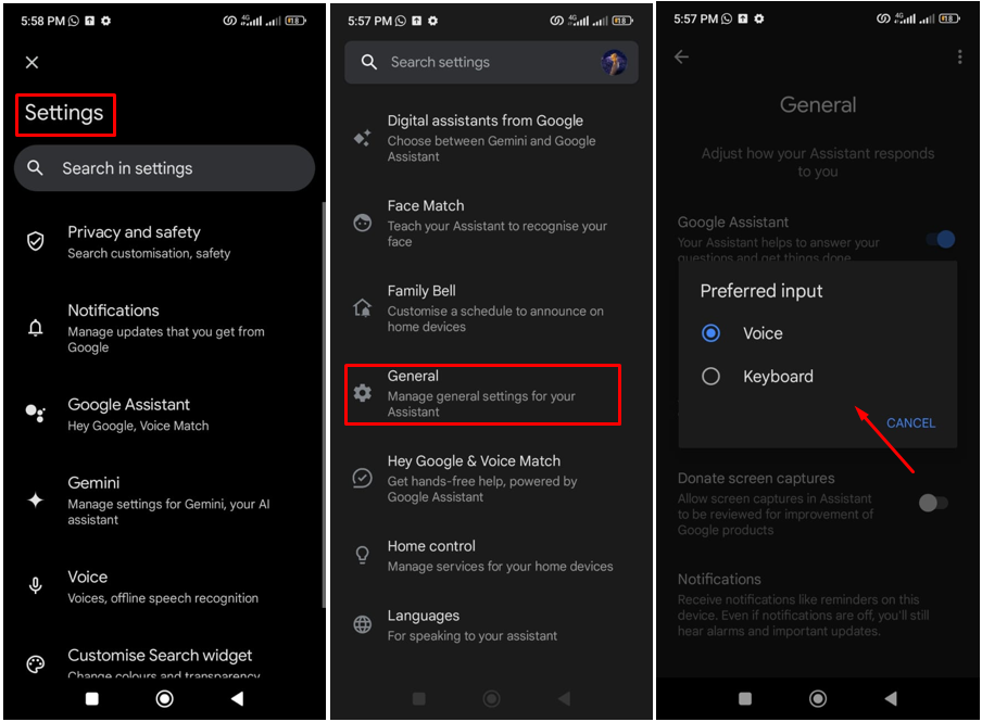 Google AI Assistant kommunikationslägesinställningar på Android