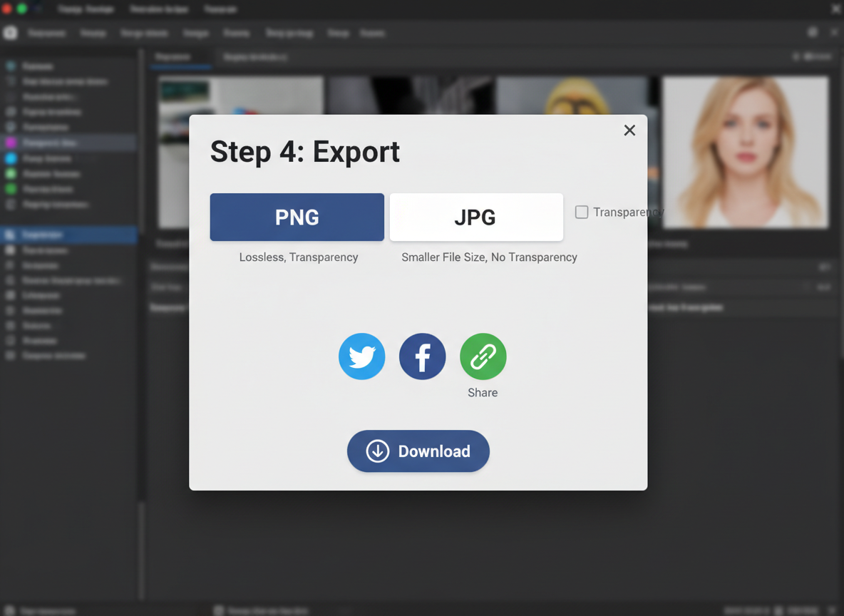 4. lépés: PNG/JPG exportálása átláthatósággal és megosztási lehetőségekkel