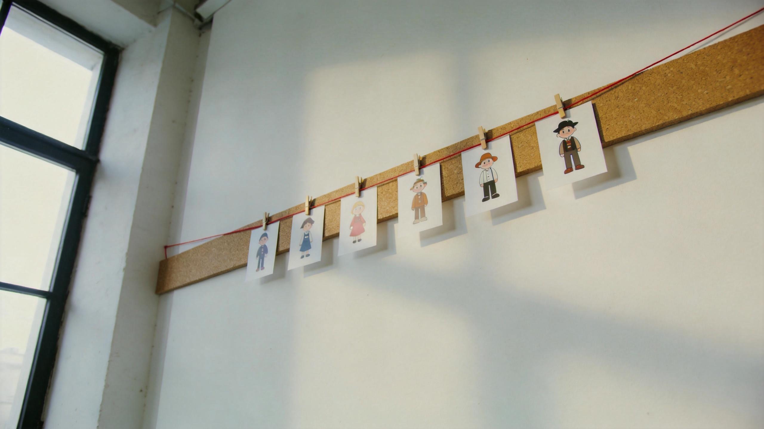 Six illustrated character cards clipped to a corkboard on a wall near a window