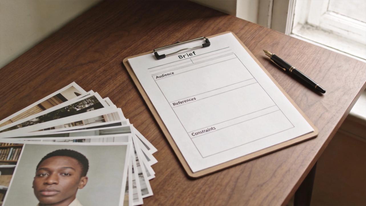 Clipboard with a brief template, pen, and stack of portrait reference photos on a wooden desk