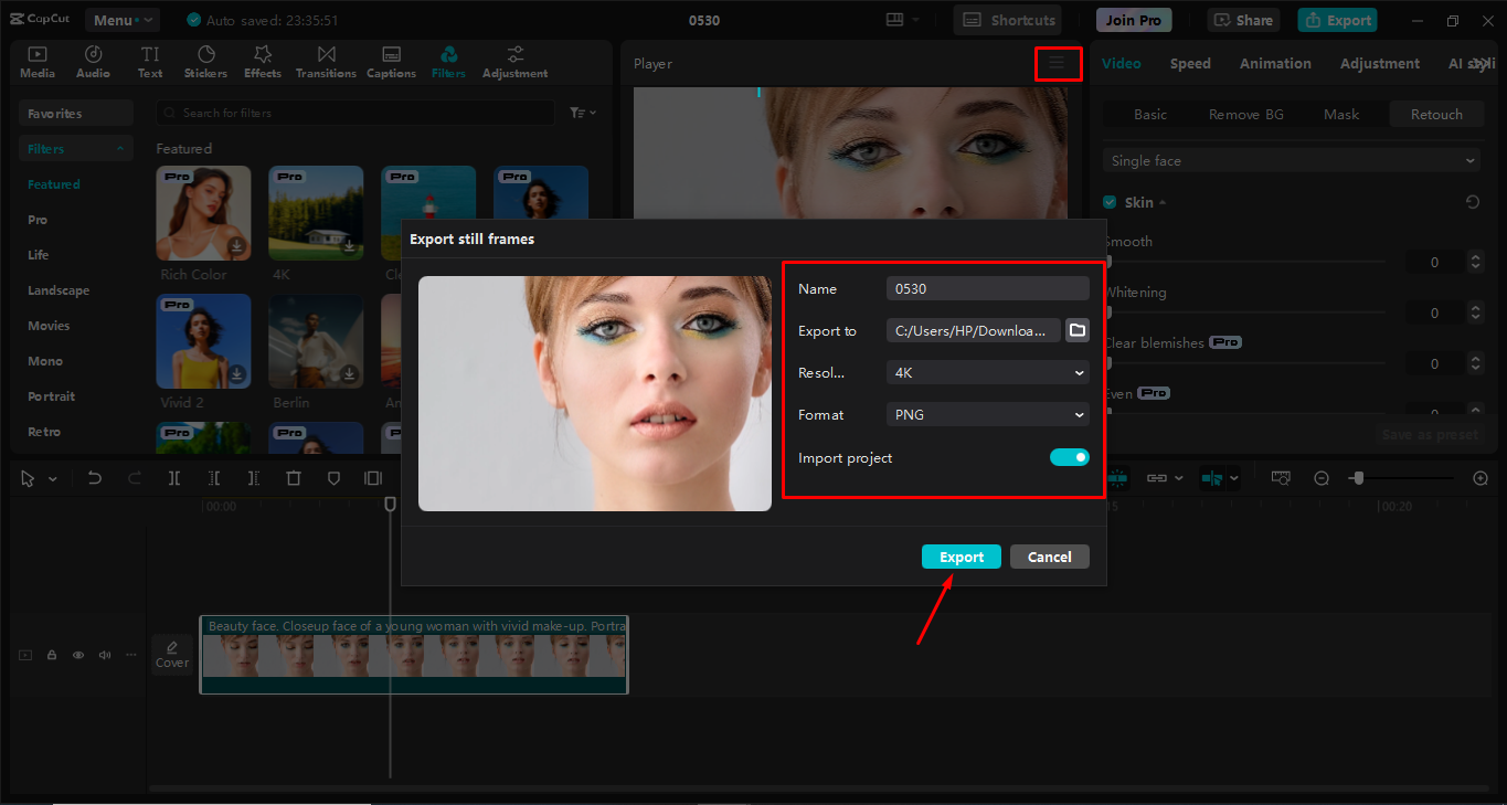Exportation de la photo depuis l' CapCut éditeur vidéo de bureau