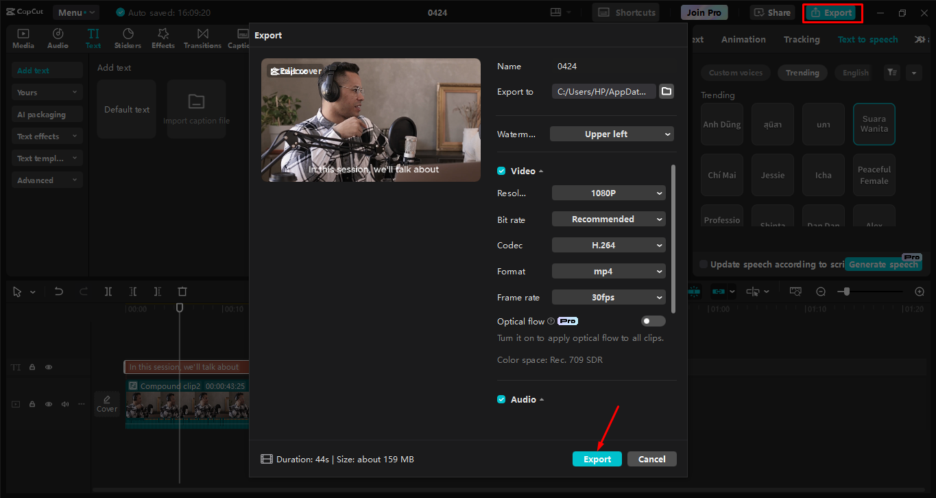 Export the video from the CapCut desktop video editor