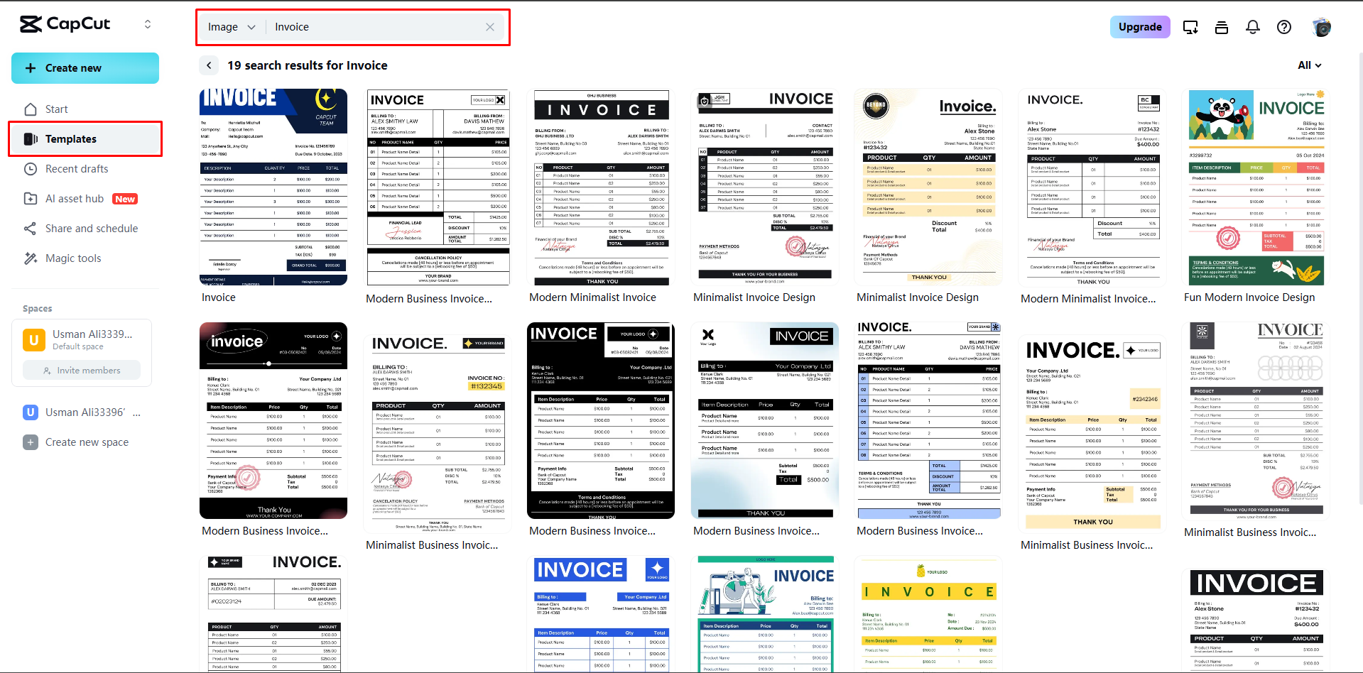 Choosing an invoice template on CapCut Web