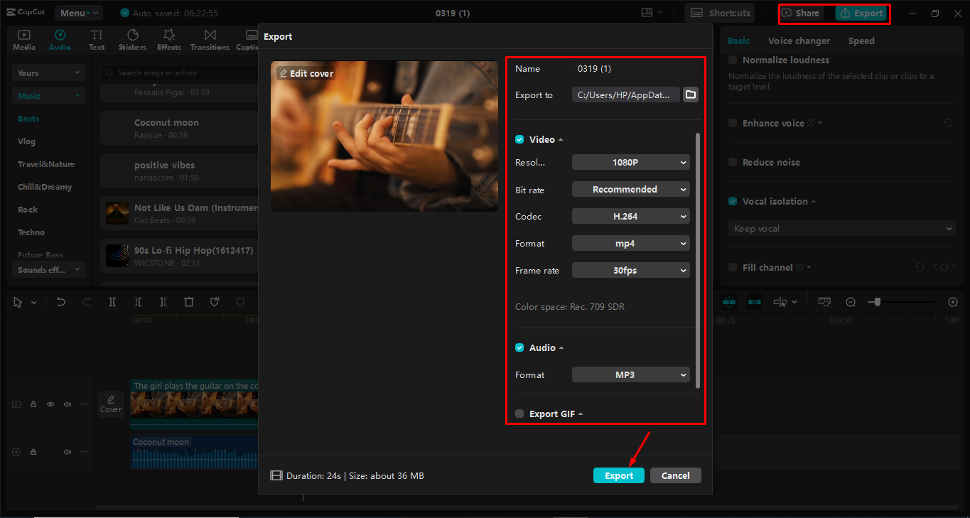 Exportando el video desde el CapCut editor de video de escritorio