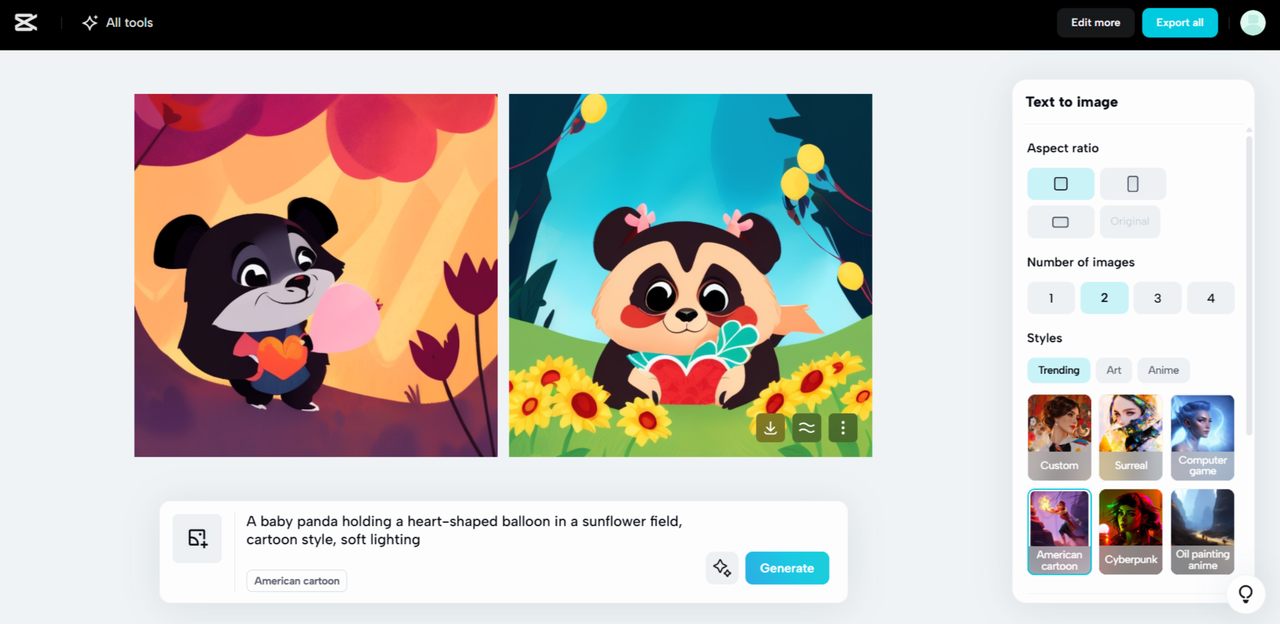 Interface of CapCut Web - a tool to generate diverse images with AI