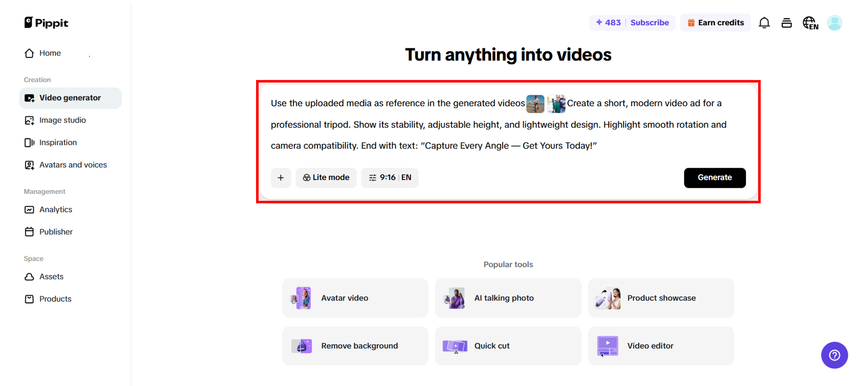 Go to the ''video generator'' interface