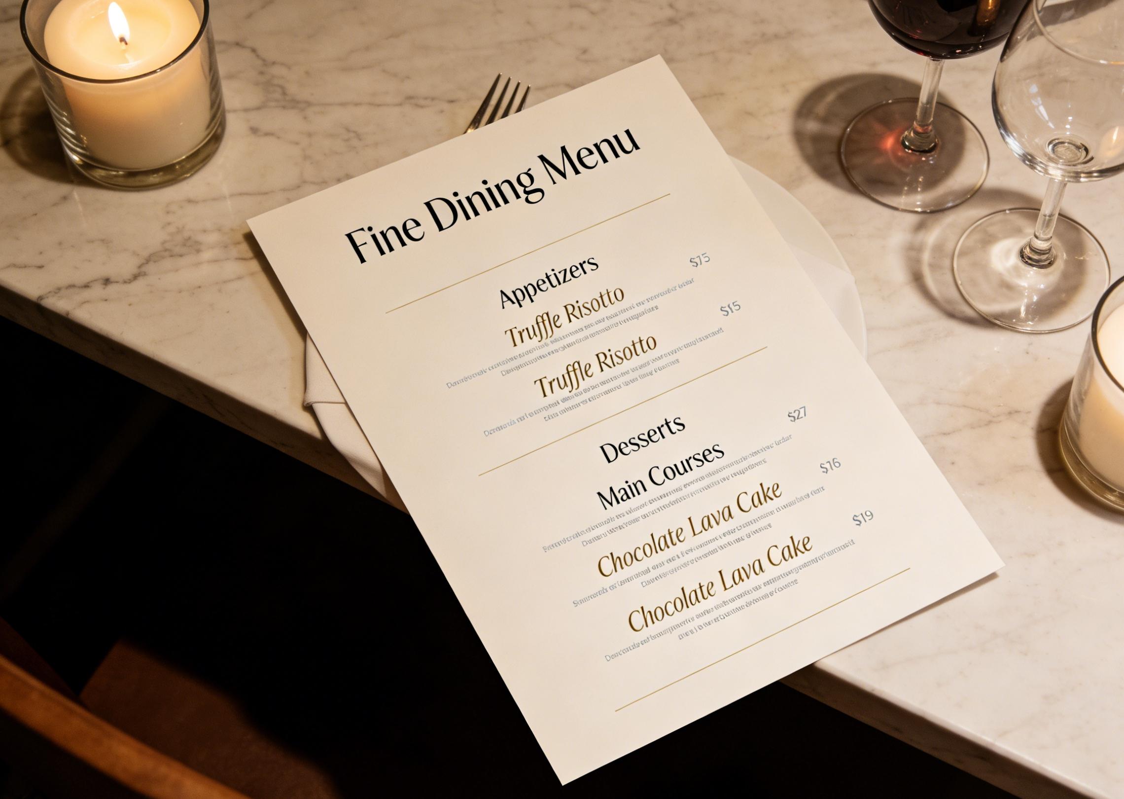 En elegant restaurangmenydesign på en bänkskiva i marmor