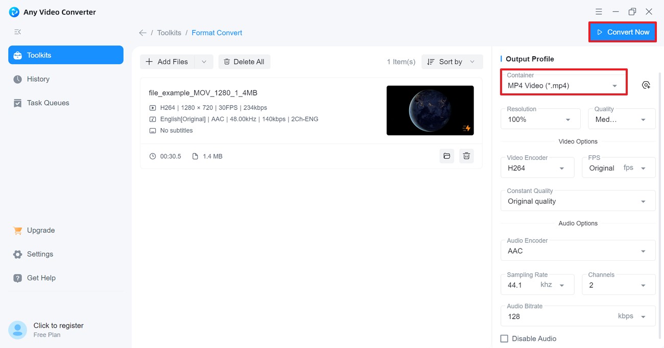 valitse MP4 ja muunna nyt AVC