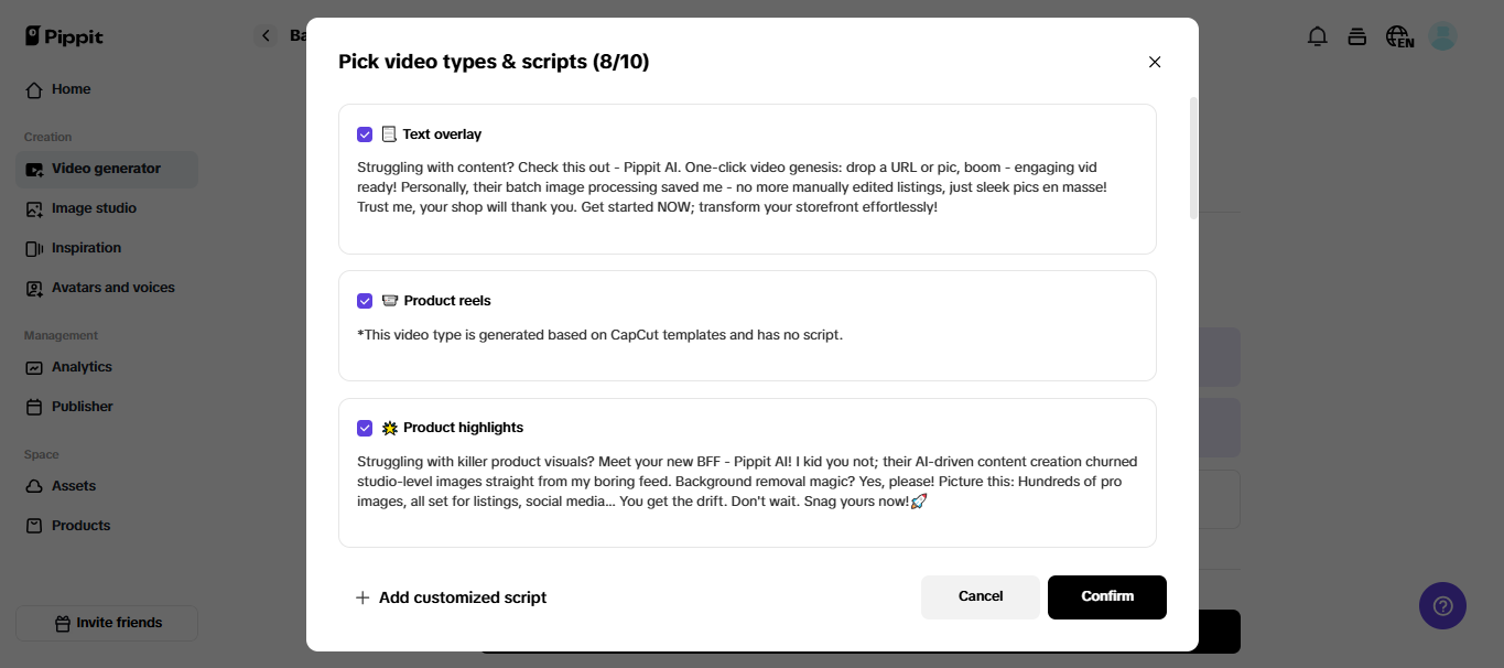Generación automática de guiones en Pippit