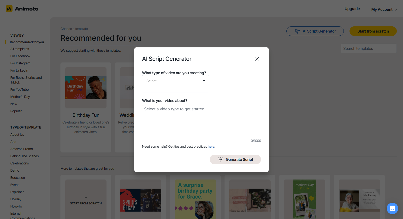 Animoto interface