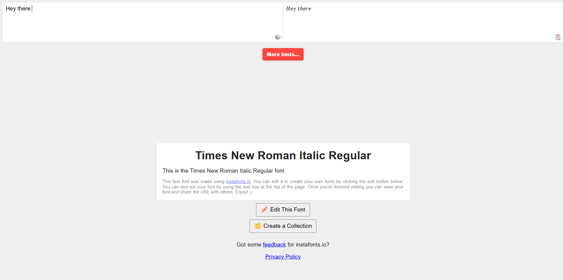 Antarmuka InstaFonts - generator font Times New Roman yang sempurna