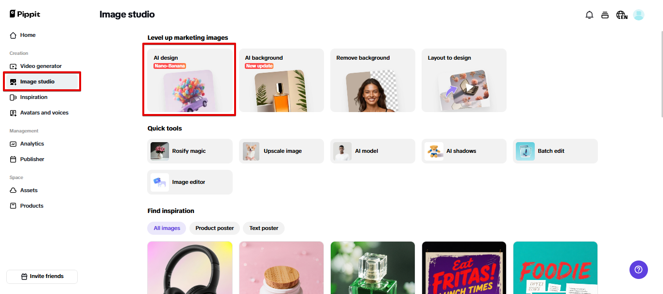 Opening AI design tool in Pippit