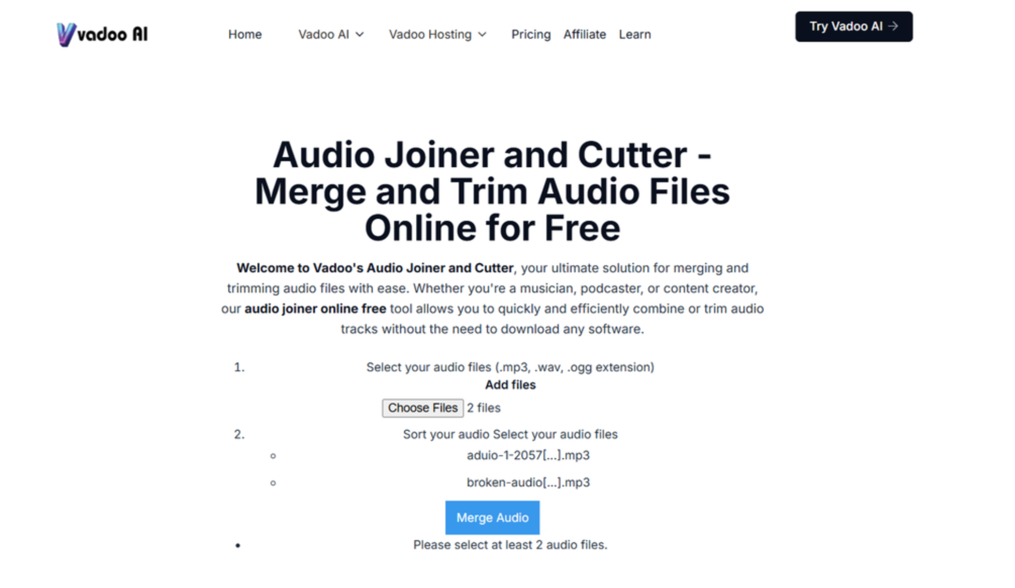 Interfaz de Vadoo AI: una herramienta en línea fácil de usar para combinar archivos MP3.