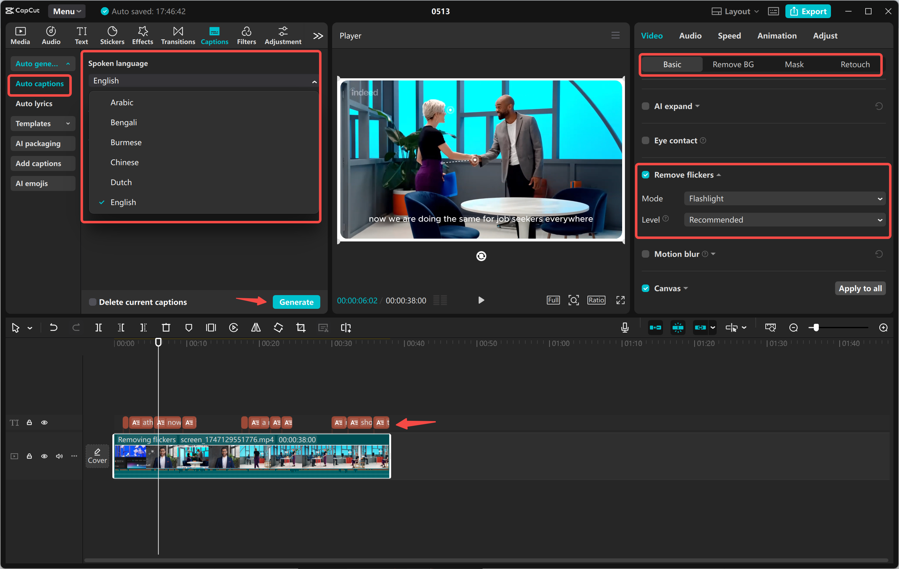 Generazione di didascalie per il video utilizzando l' CapCut editor video desktop