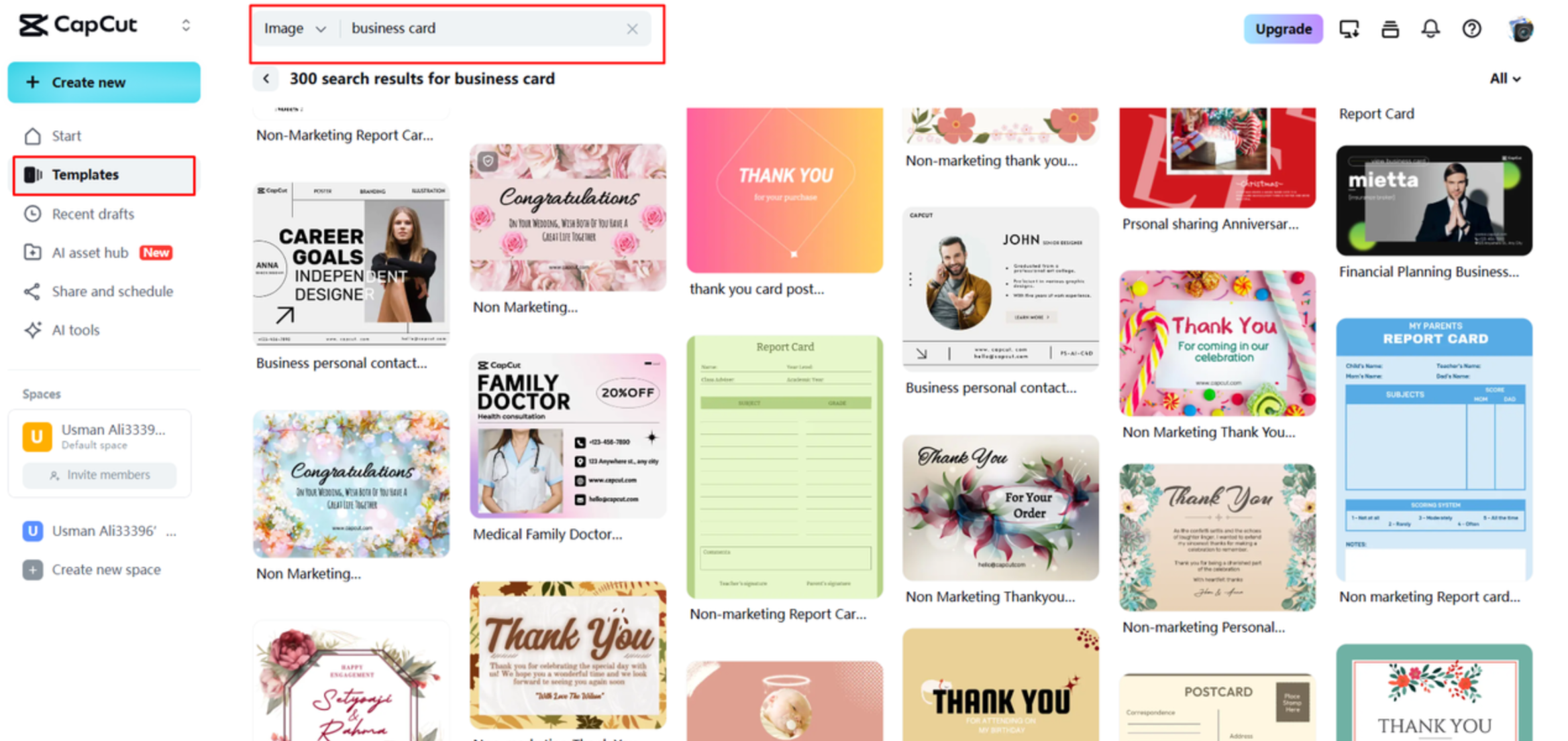 Scelta di un modello di biglietto da visita su CapCut Web