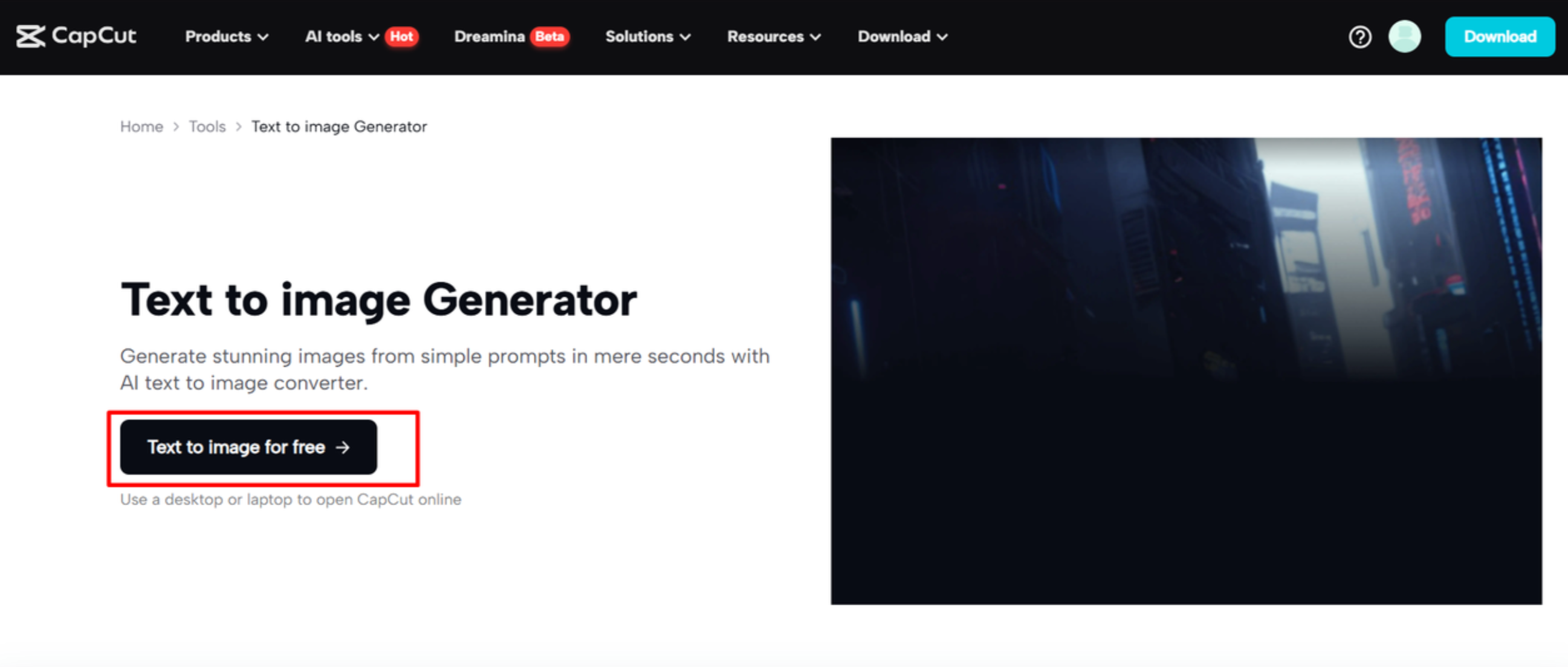 Accessing the CapCut Web's AI image generator