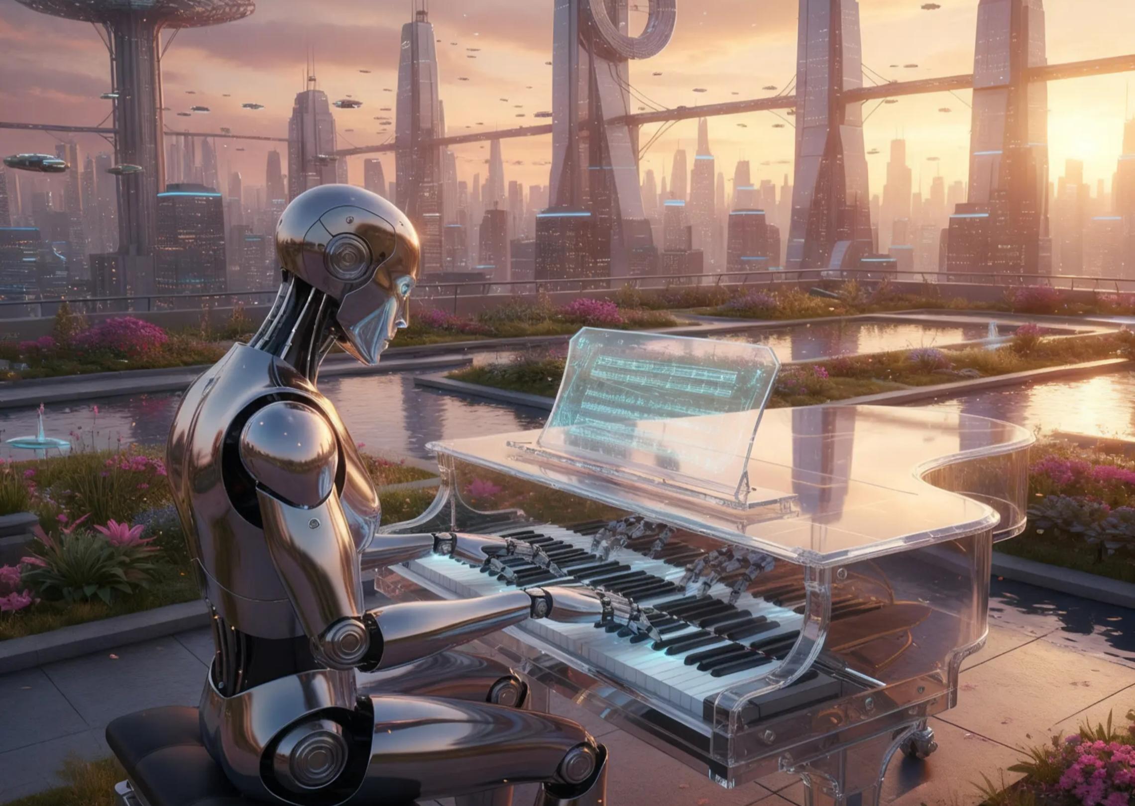Ein futuristischer humanoider Roboter, der Klavier spielt