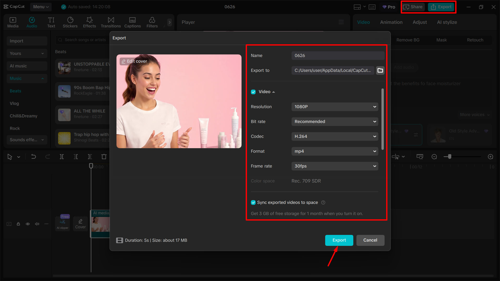 Exportul videoclipului AI din editorul video CapCut desktop