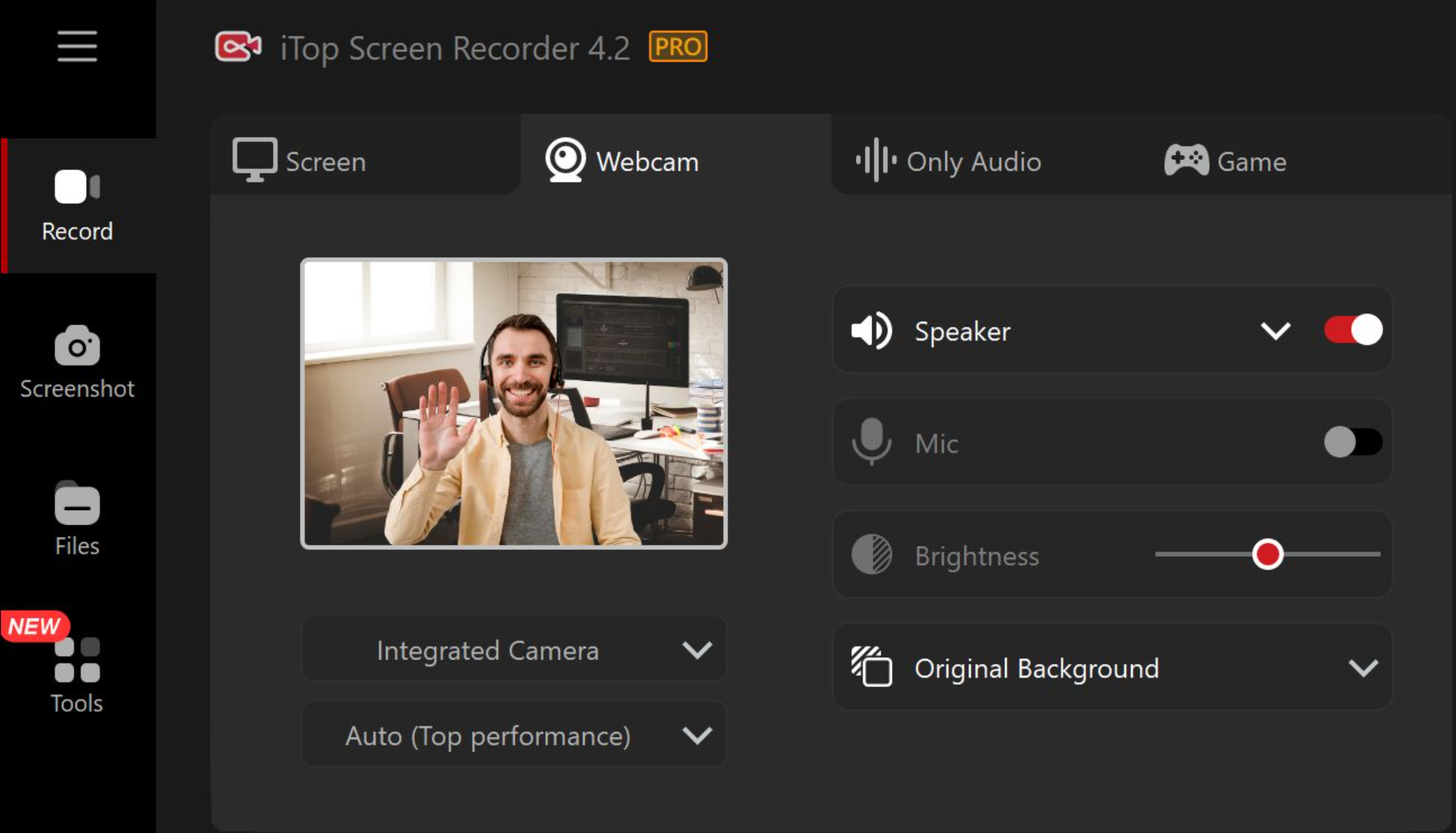 La interfaz de iTop Screen Recorder - la grabadora de pantalla portátil más efectiva con audio disponible para su descarga gratuita