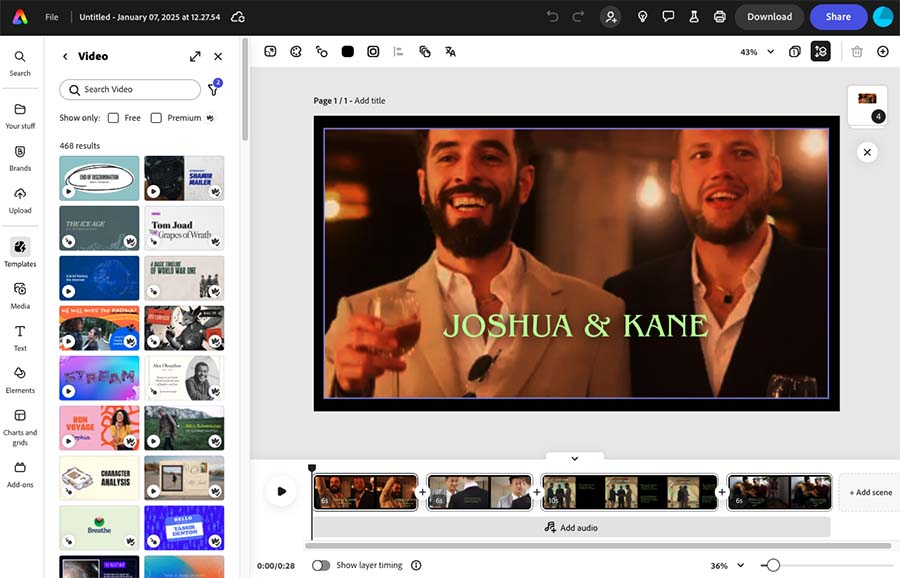 Antarmuka editor video Adobe Express