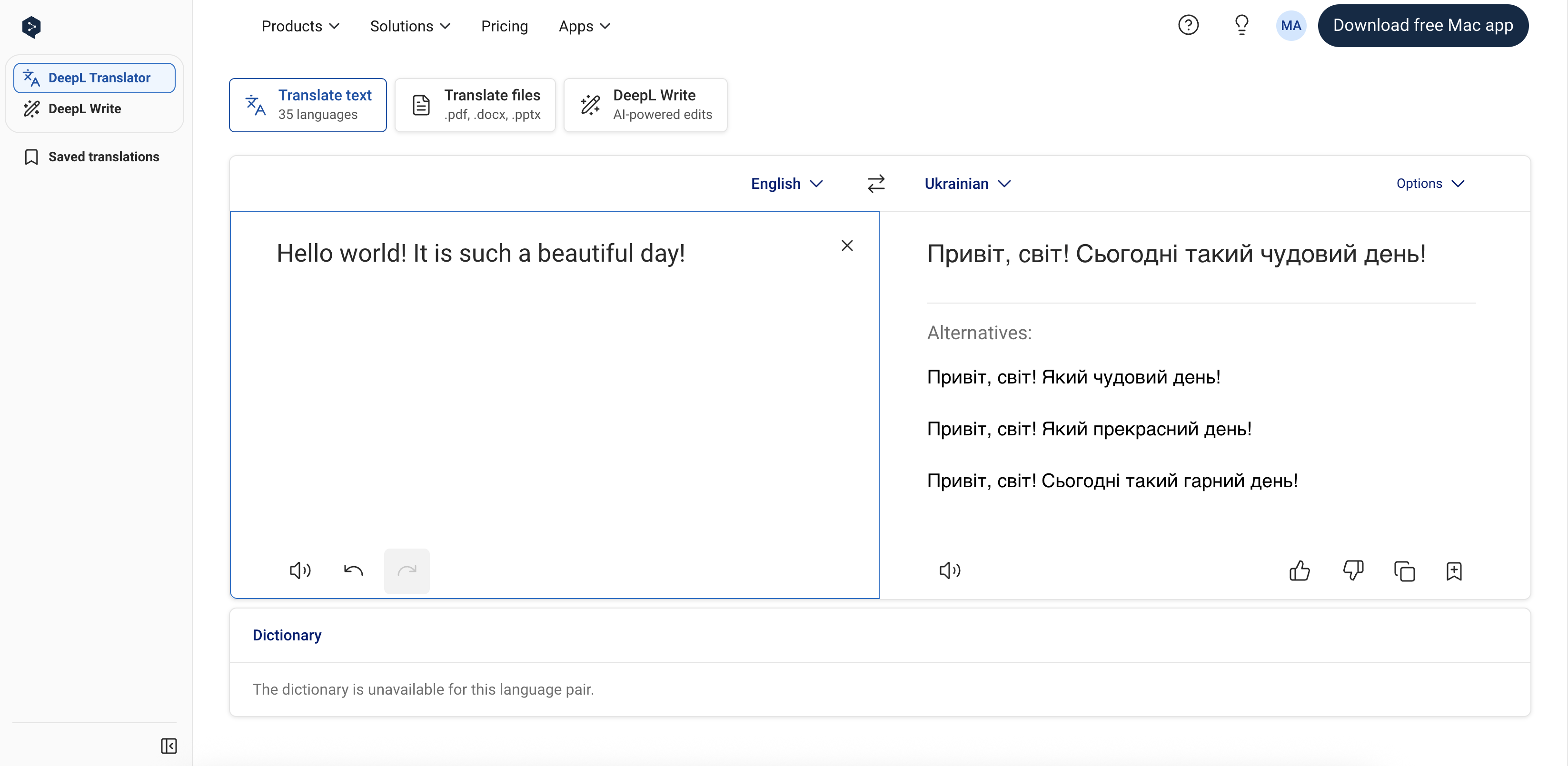 DeepL translator interface