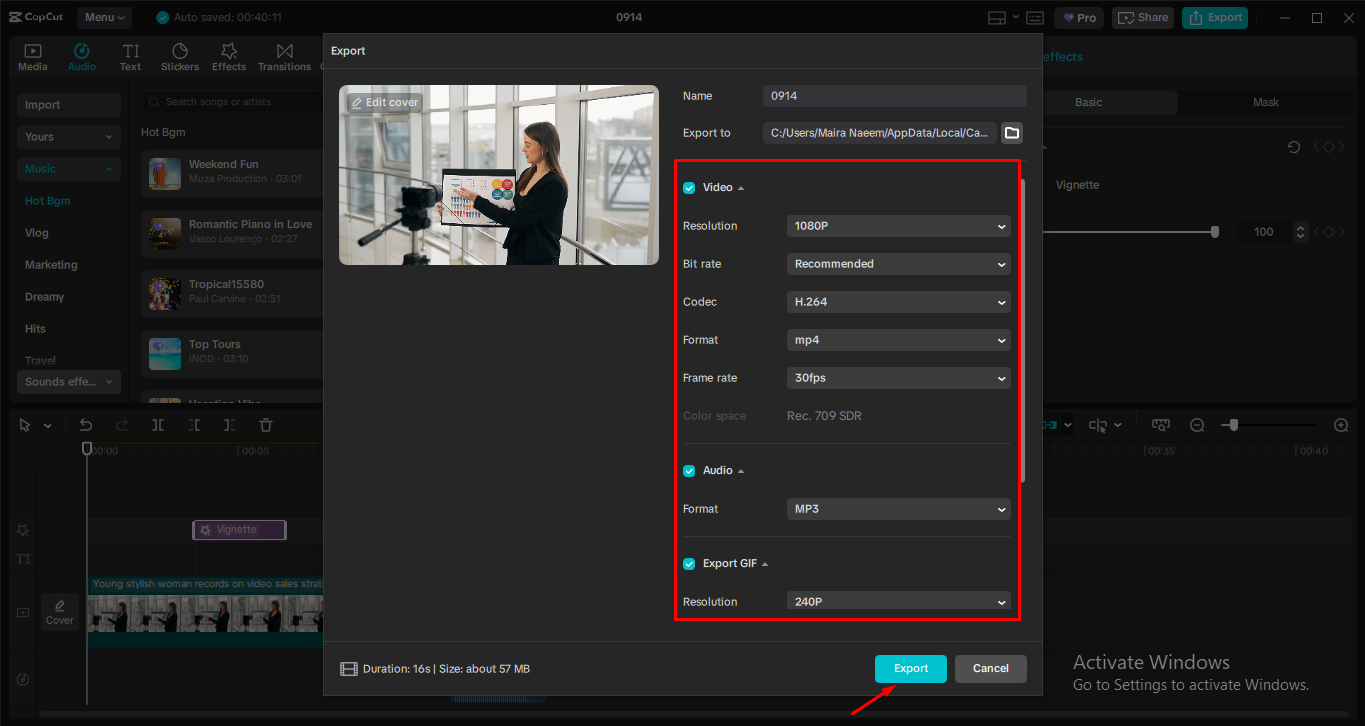 Exporting the media from the CapCut desktop video editor