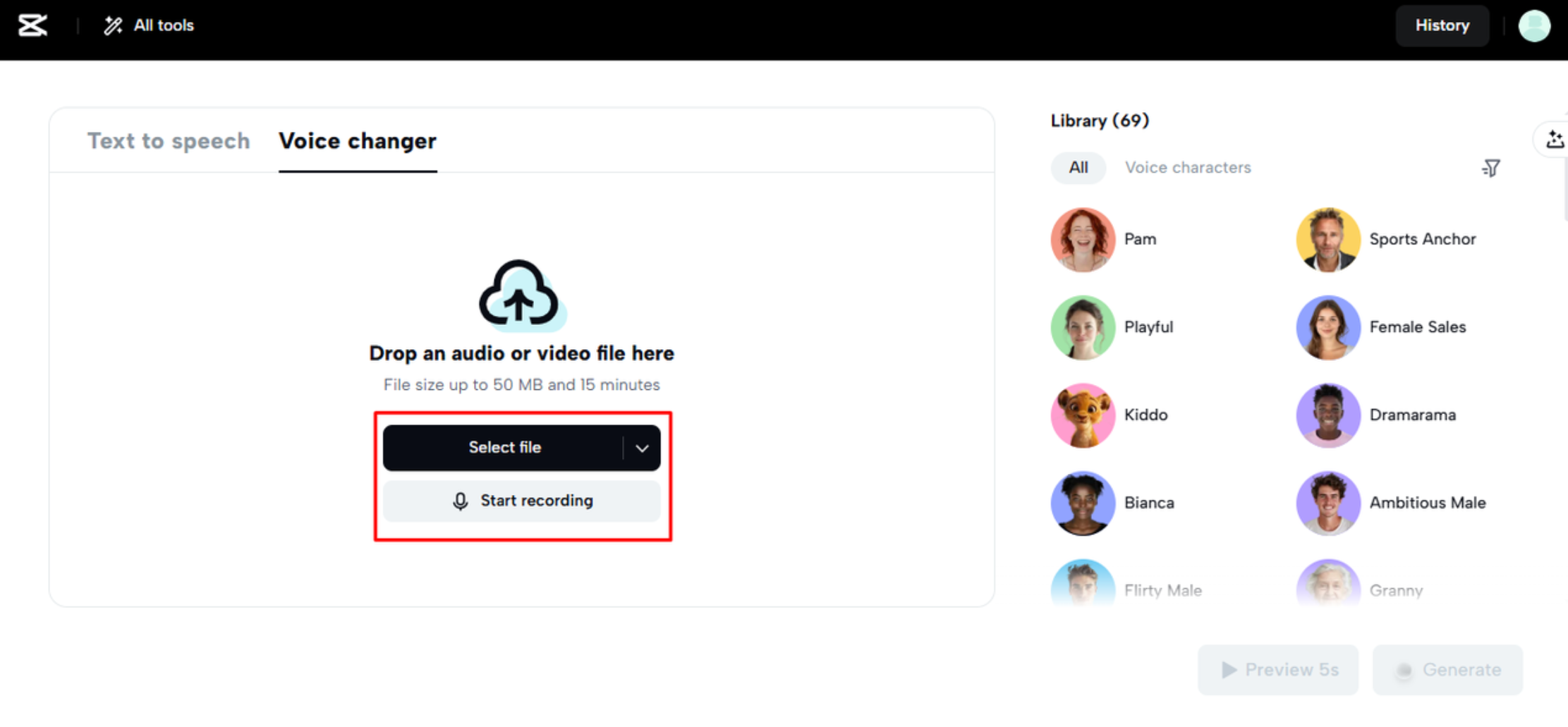 Uploading the audio in the CapCut Web