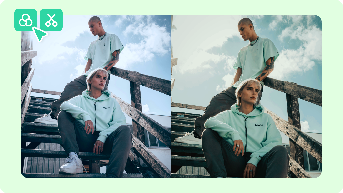 A before and after comparison showing a dull, unedited video frame transformed into a vibrant, professionally color-corrected scene using AI.