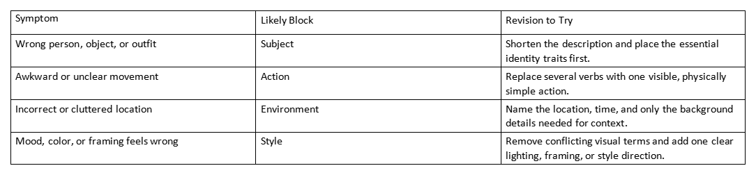 Table linking prompt problems to subject, action, environment, and style revisions
