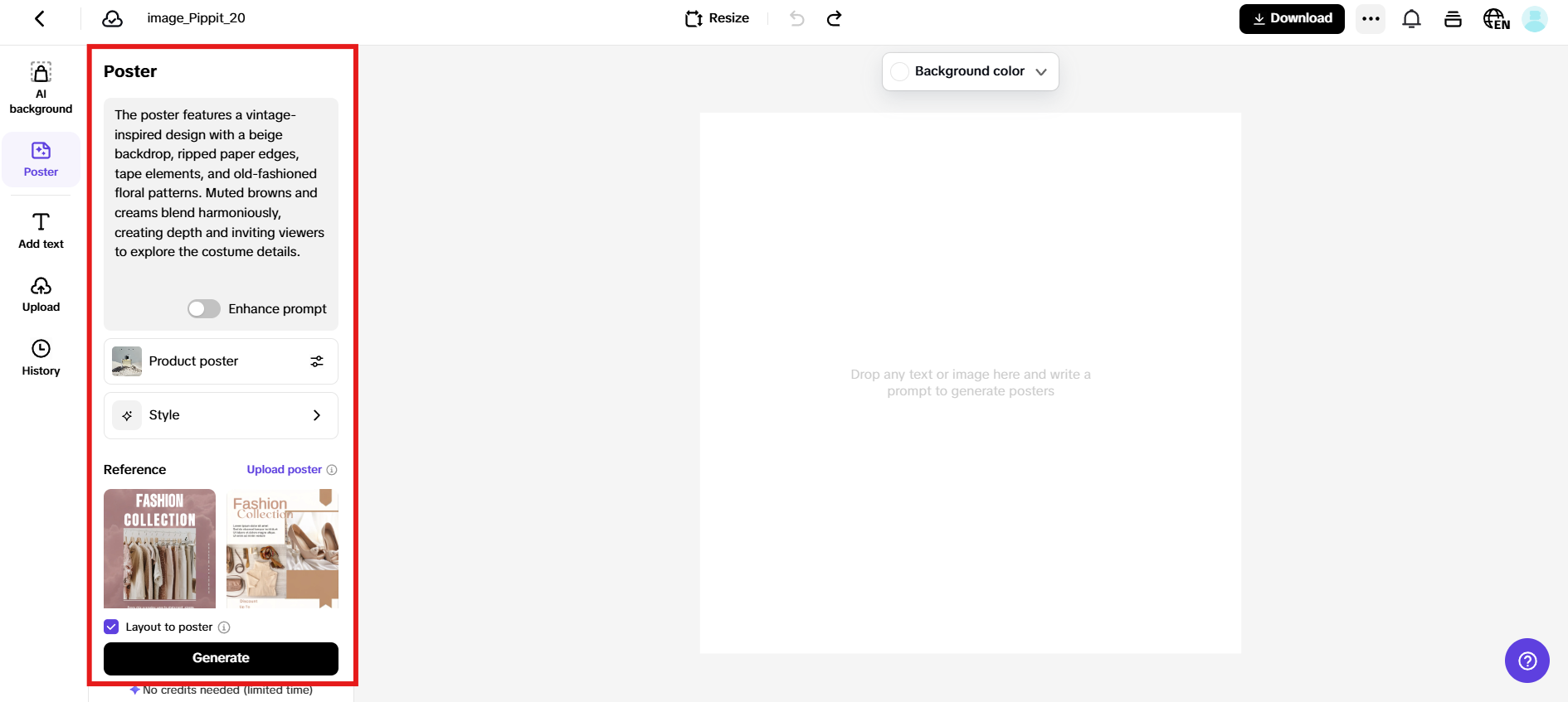 Enter prompts, choose product type and style