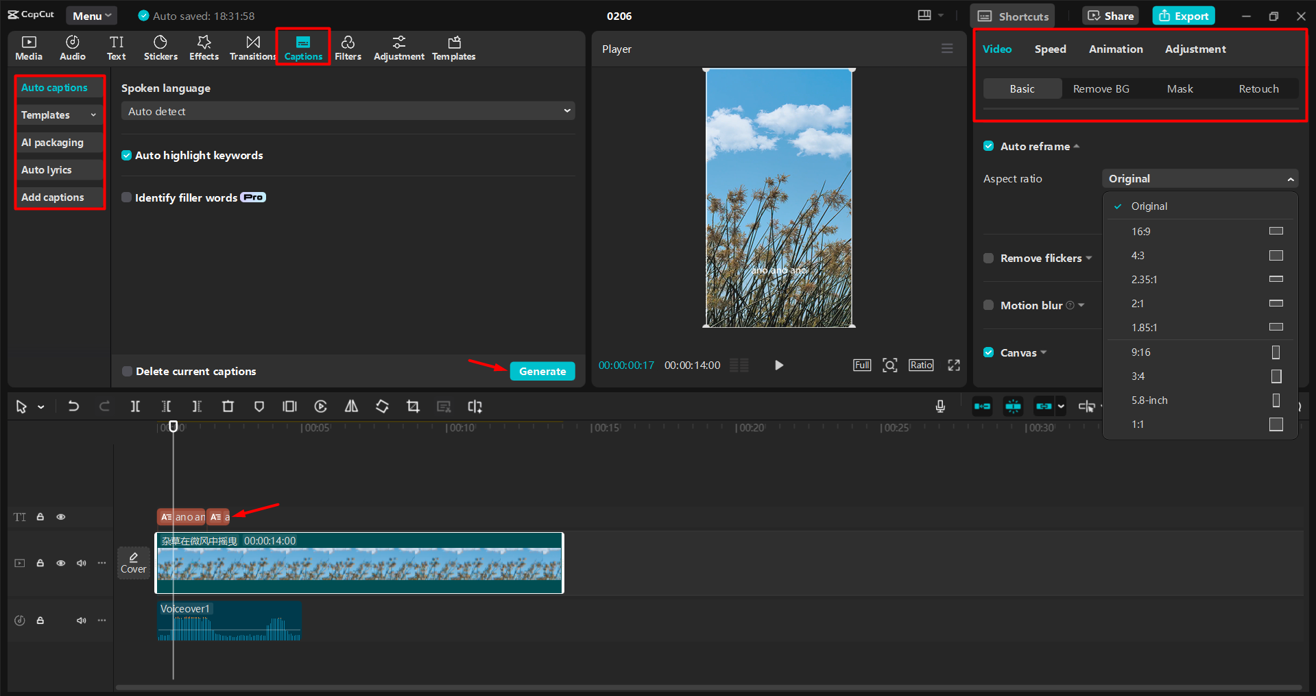 Bearbeiten eines Reels für Instagram im CapCut Desktop-Video-Editor