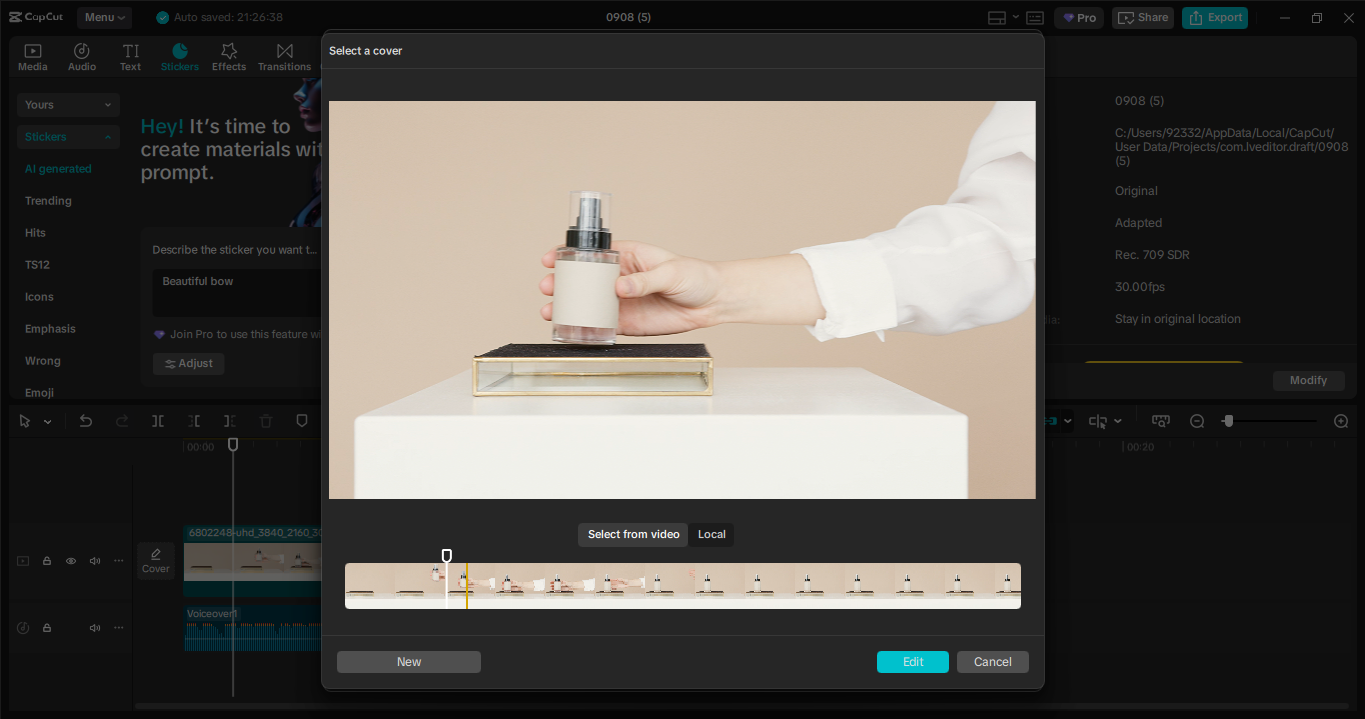 Using the design cover tool for the cover photo in the CapCut desktop video editor