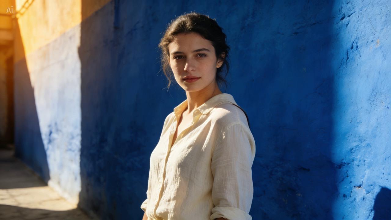 A young woman in a cream linen shirt standing in a narrow lane in front of a vivid cobalt-blue wall, sunlit from camera left, with blue light visible along her shaded right side.