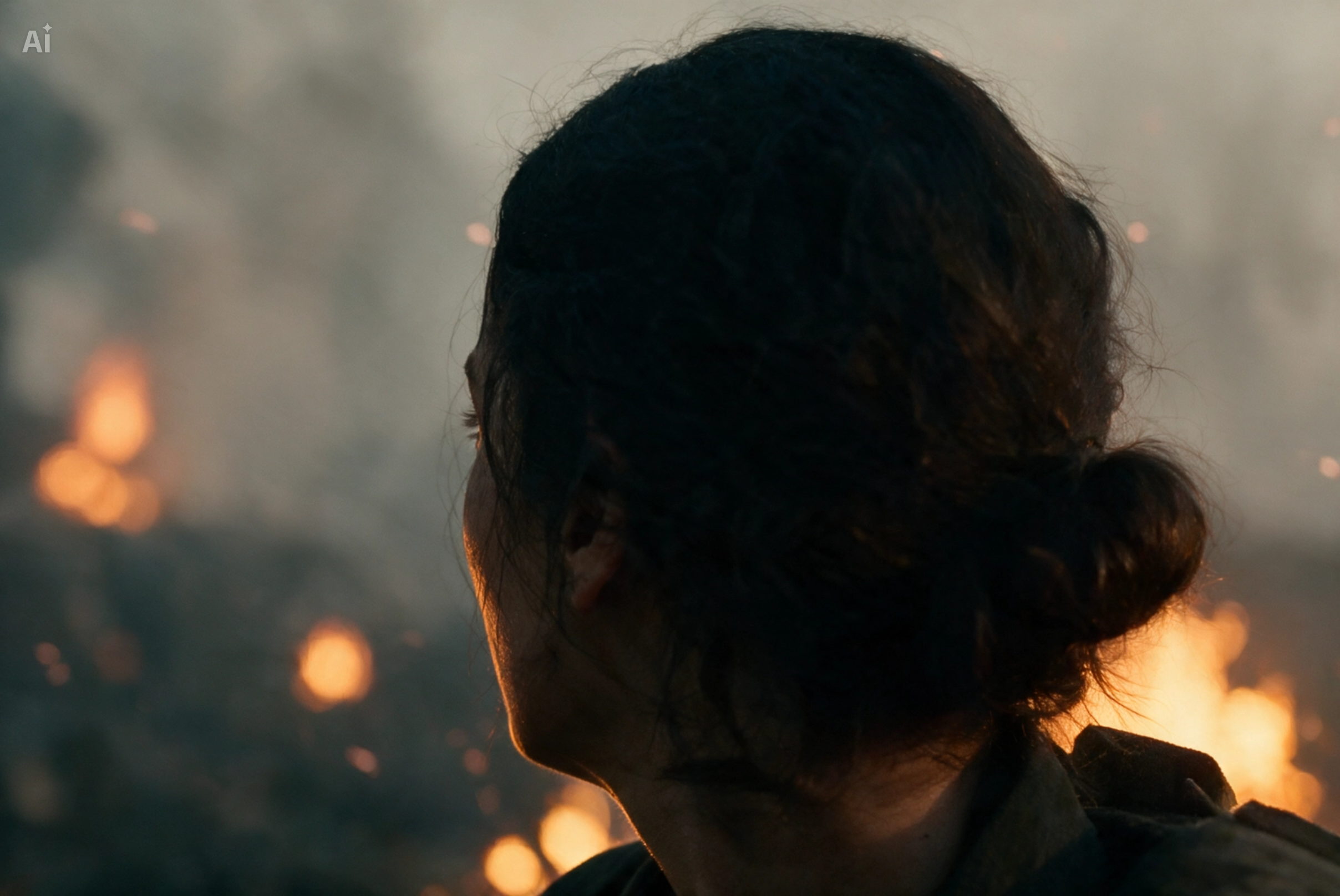 she slowly turns her head toward the burning city
