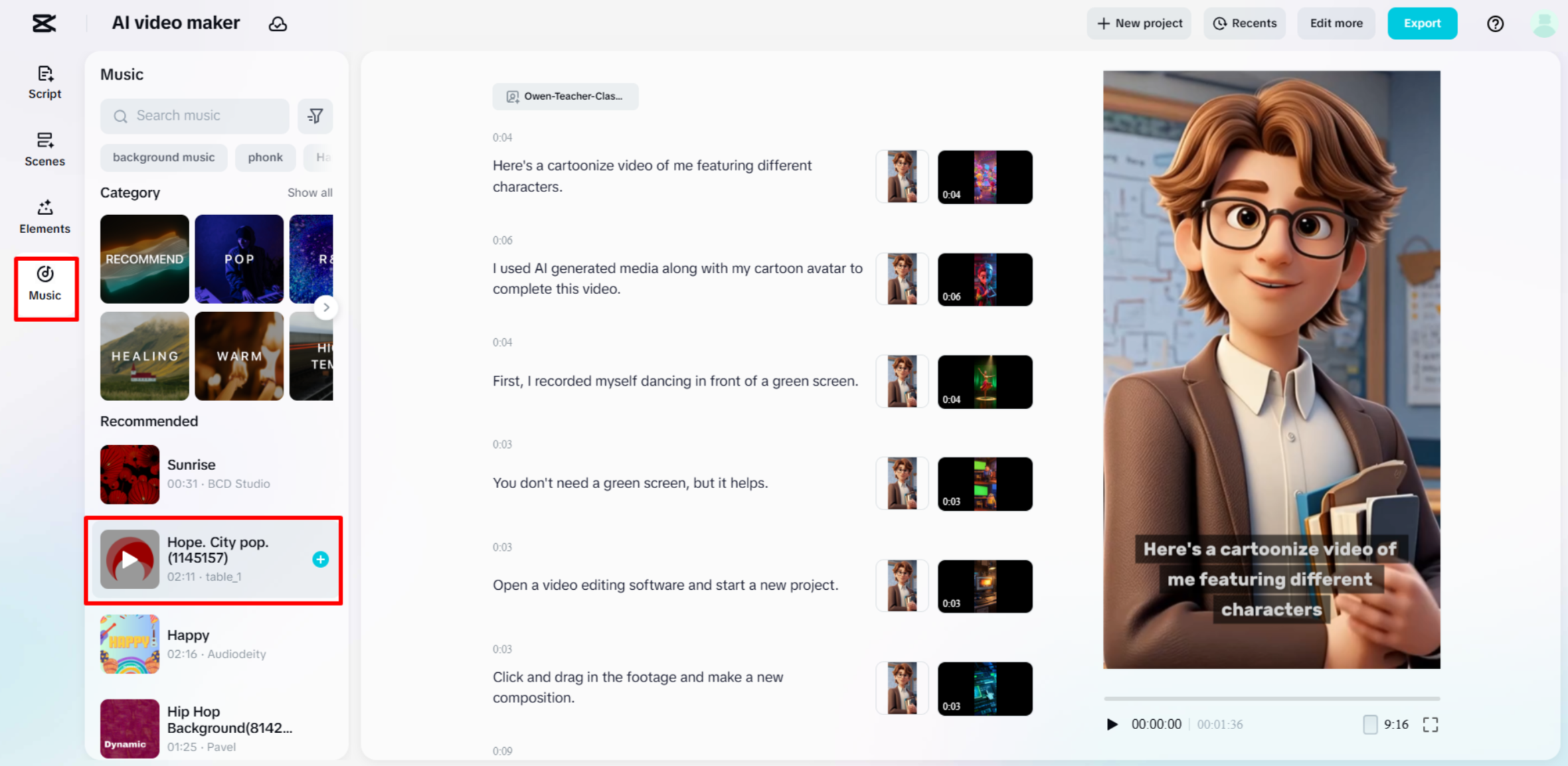 Applying music to cartoon videos using CapCut's AI video maker