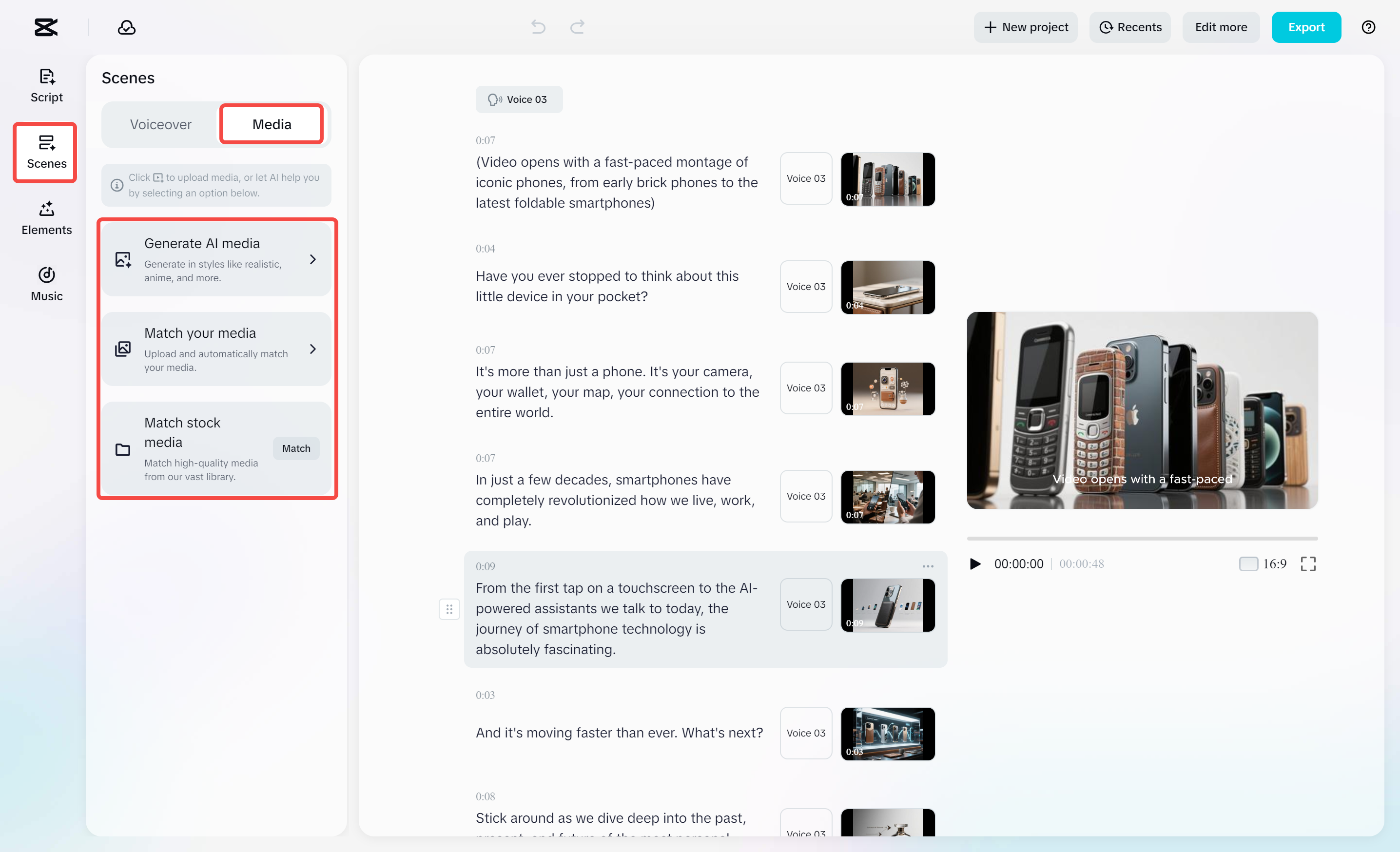 Adding voice-over to video in CapCut's AI video maker