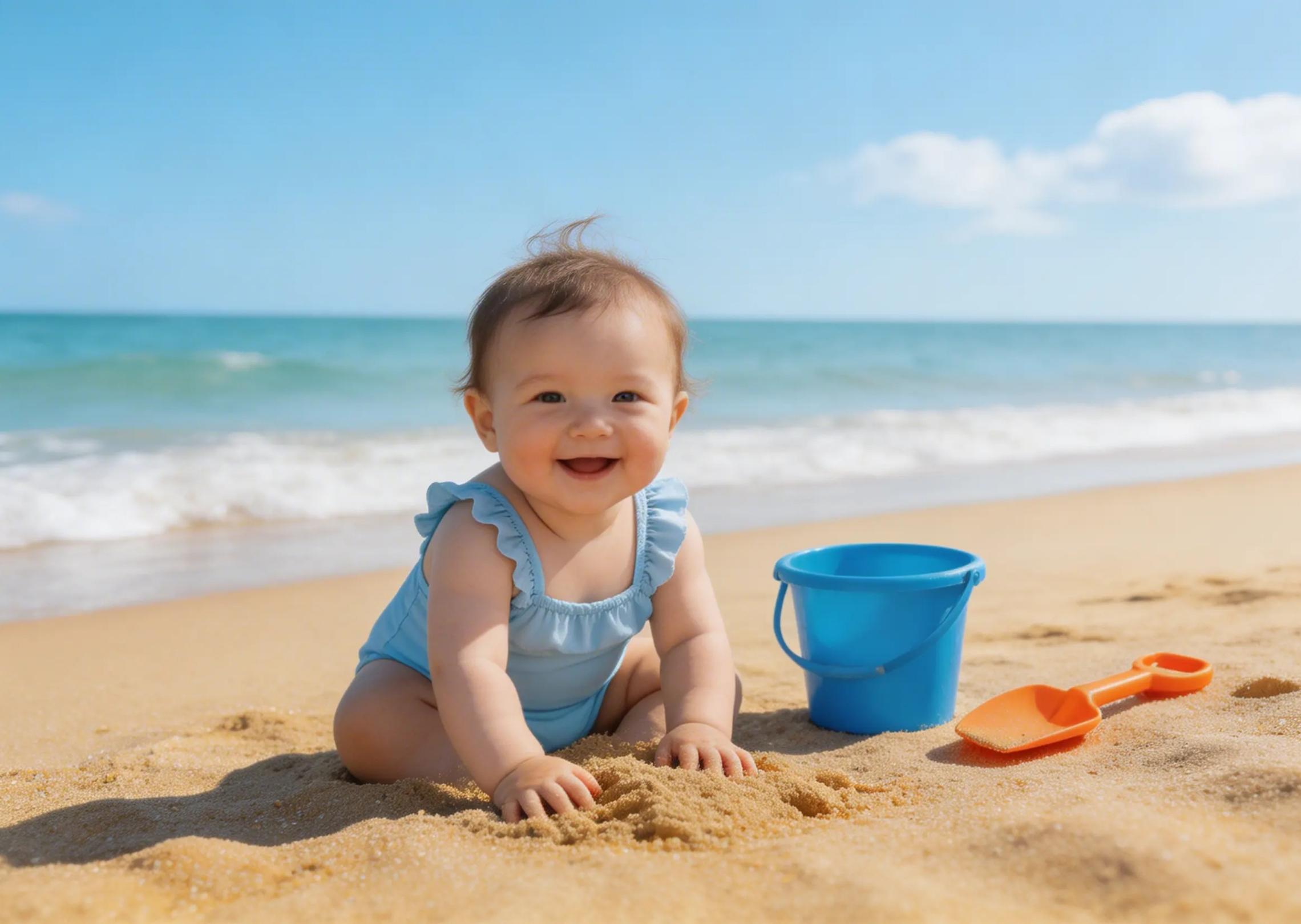 Skapa en bild av en söt baby som leker på en sandstrand med leksaker