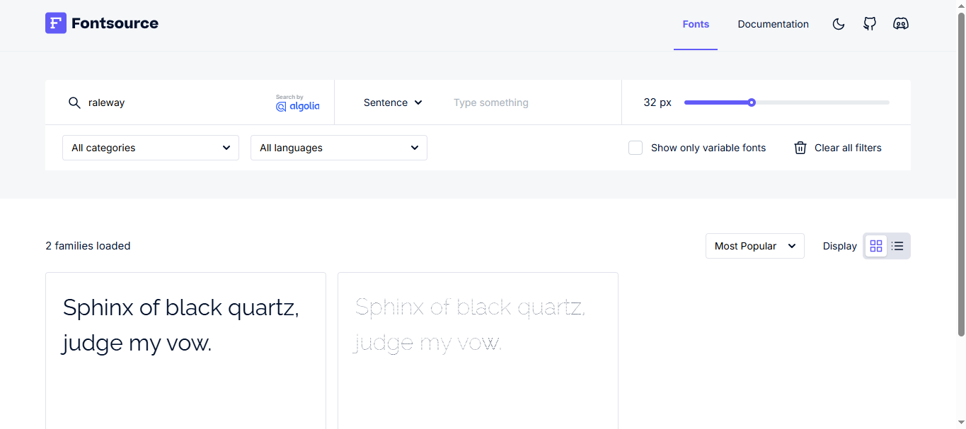 Giao diện của Fontsource - một công cụ đáng tin cậy để tải xuống phông chữ Raleway