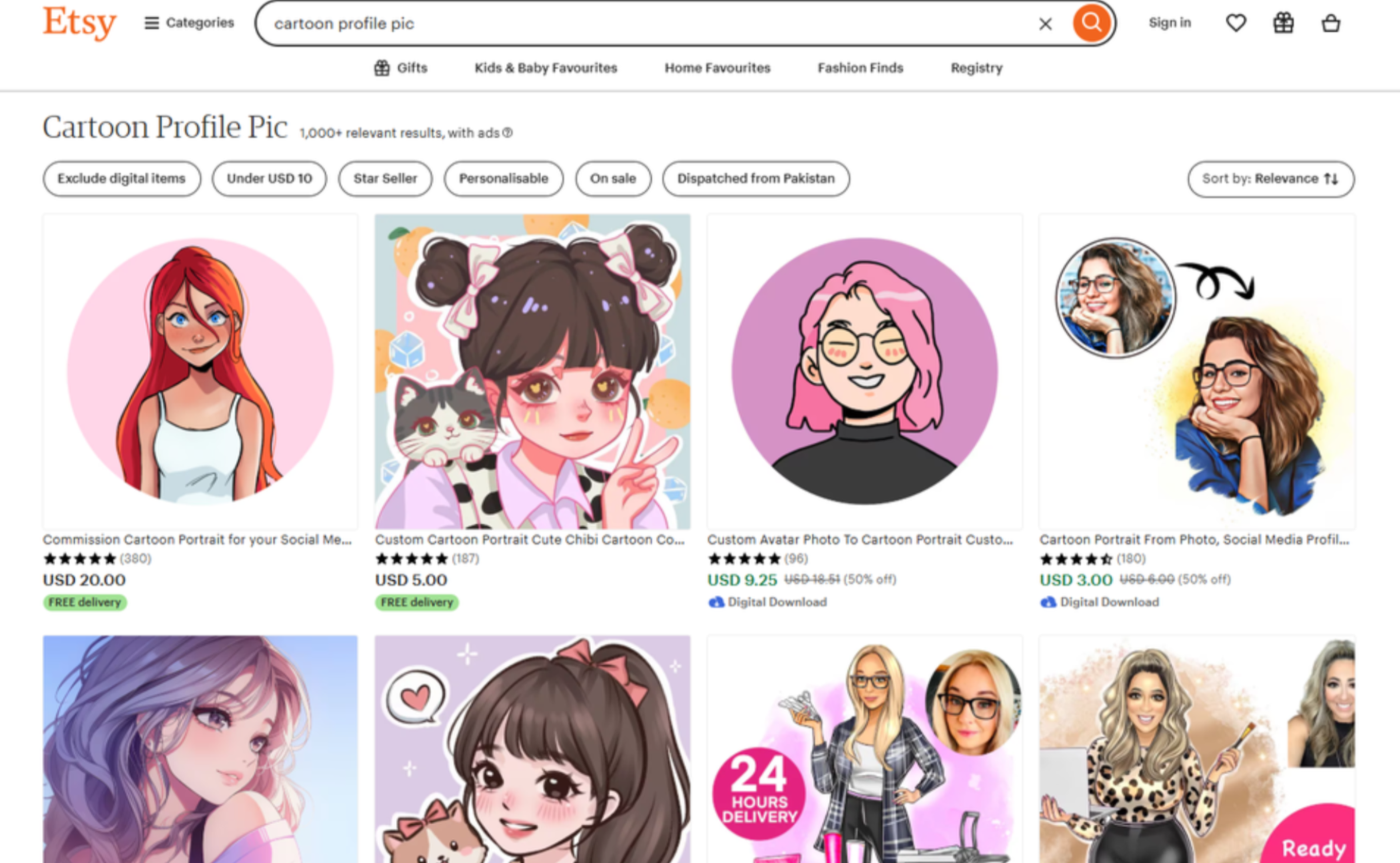 Interfaz de Etsy: una herramienta paga para encontrar imágenes de perfil en caricatura para Instagram.