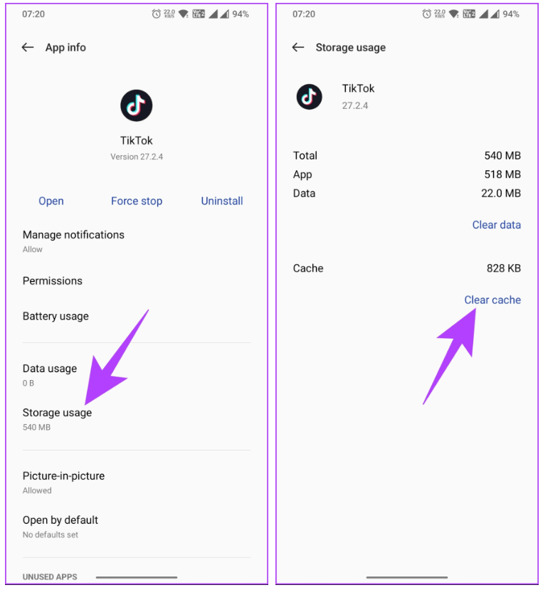 Showing how to clear Tiktok app cache to fix analytics not showing