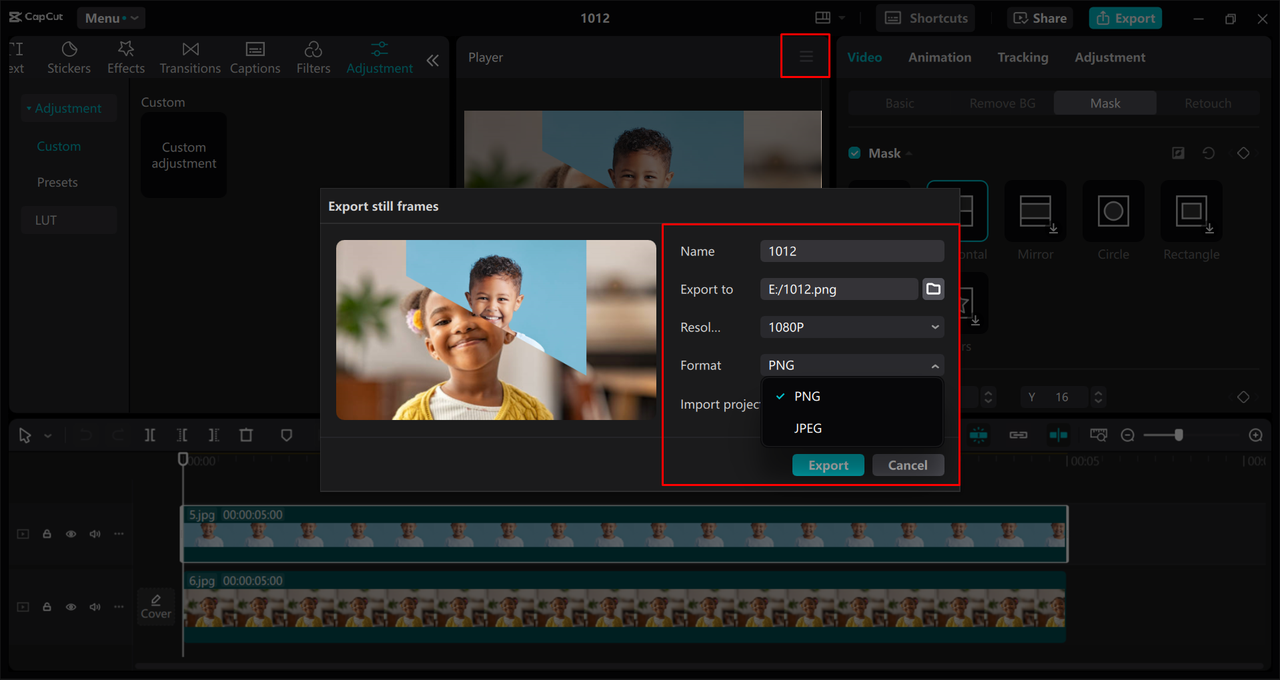 Exportieren von gestickten Bildern aus dem CapCut Desktop-Video-Editor