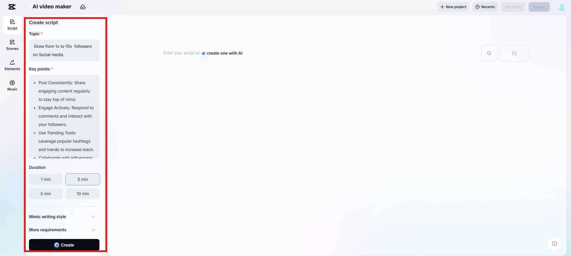 Upload text or create with AI